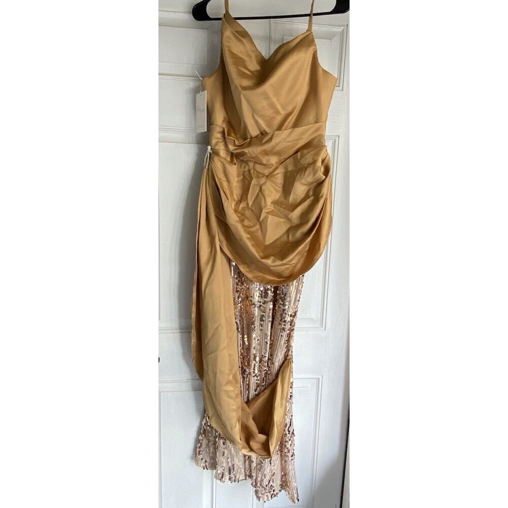 Mew Mews Formal Gown Statement Dress Elegant Gold Sequins Maxi Womens Medium NEW - Picture 2 of 13